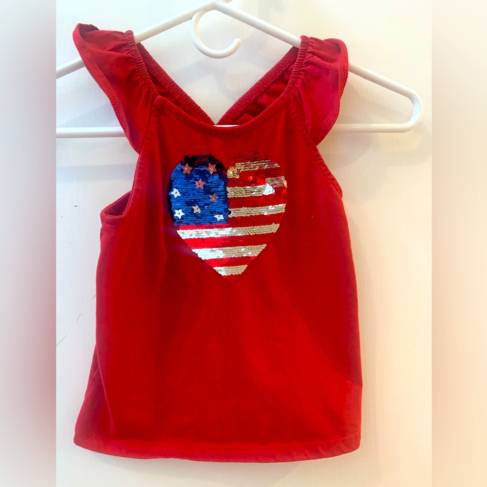 Girls 4th of July tank with patriotic heart sequence design and ruffled sleeves